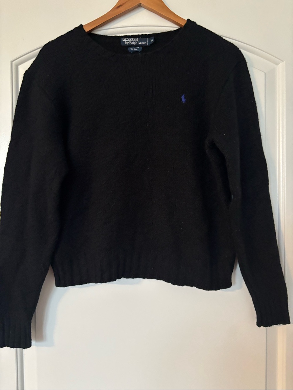 Vintage Polo Ralph Lauren Black Cotton Wool Sweater Purple Pony Crewneck Size M